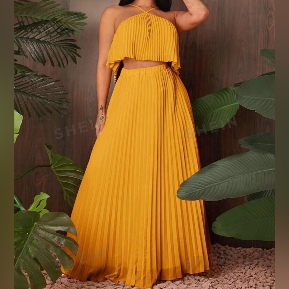 Solid Pleated Halter Top With Skirt Yellow/Mustard Yellow